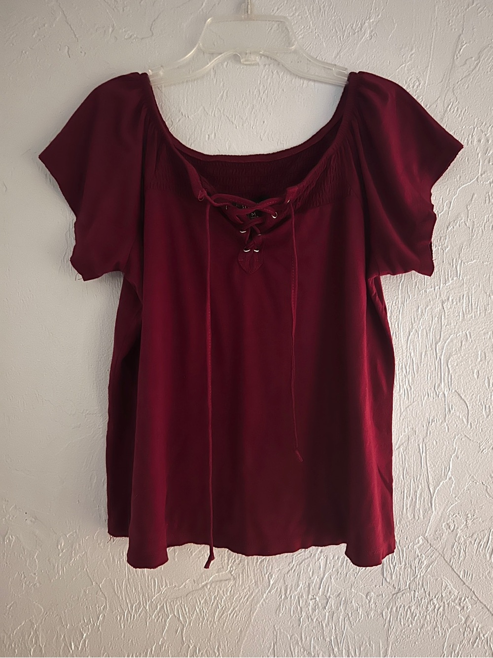 Almost Famous Lace-Up Peasant Blouse in Burgundy